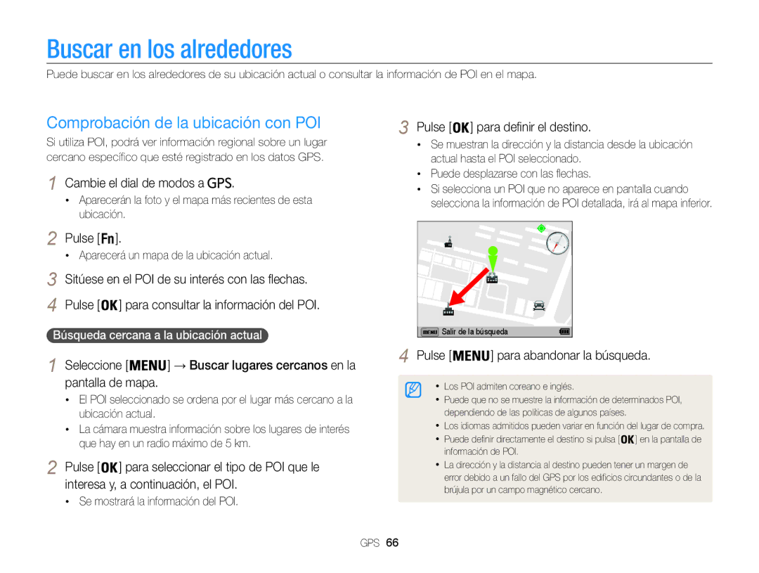 Samsung EC-WB850FBPBTW Buscar en los alrededores, Comprobación de la ubicación con POI, Pulse para abandonar la búsqueda 