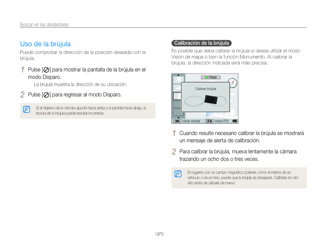 Samsung EC-WB850FBPBIL Uso de la brújula, La brújula muestra la dirección de su ubicación, Calibración de la brújula  