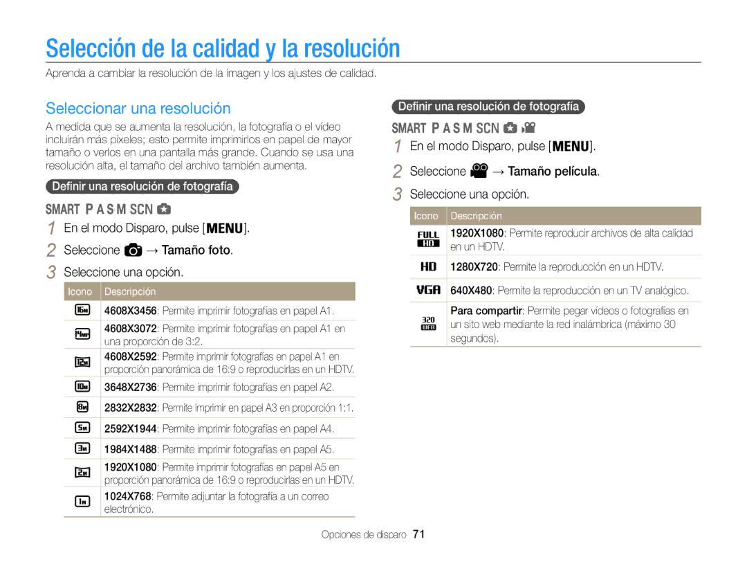 Samsung EC-WB850FBPBE1, EC-WB850FBPBAE, EC-WB850FBPBIL Selección de la calidad y la resolución, Seleccionar una resolución 