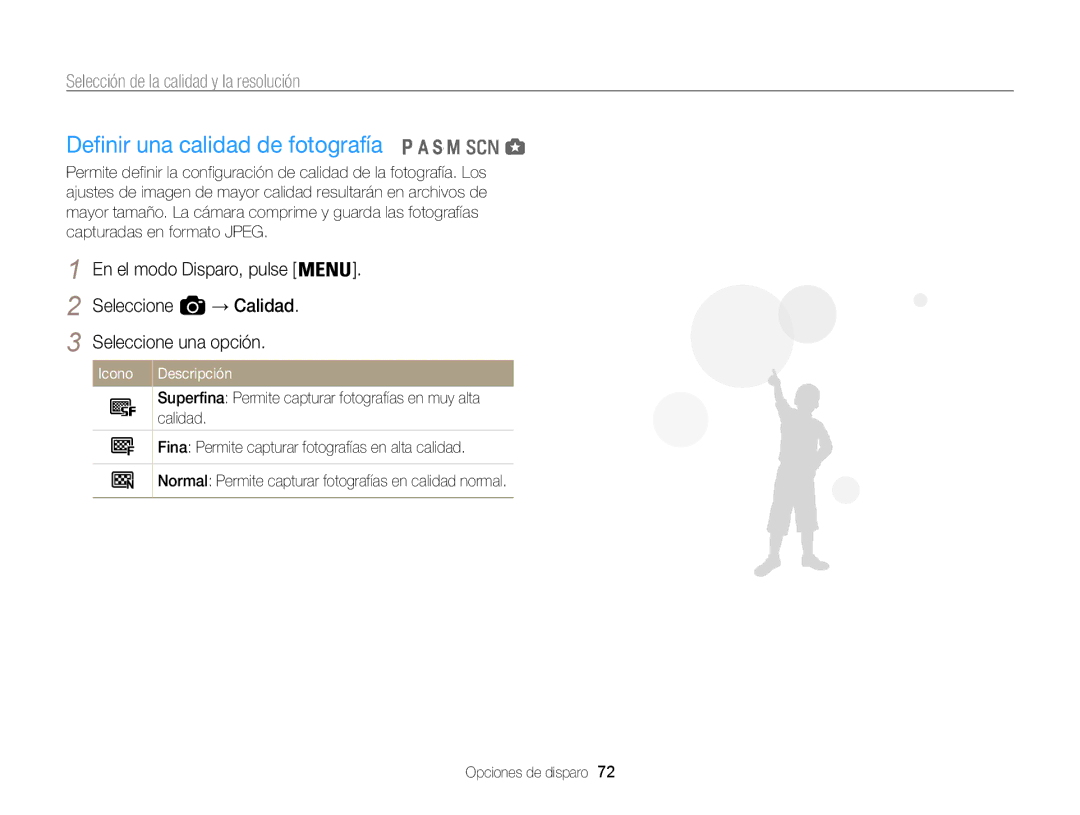 Samsung EC-WB850FBPBAE, EC-WB850FBPBE1 manual Definir una calidad de fotografía, Selección de la calidad y la resolución 