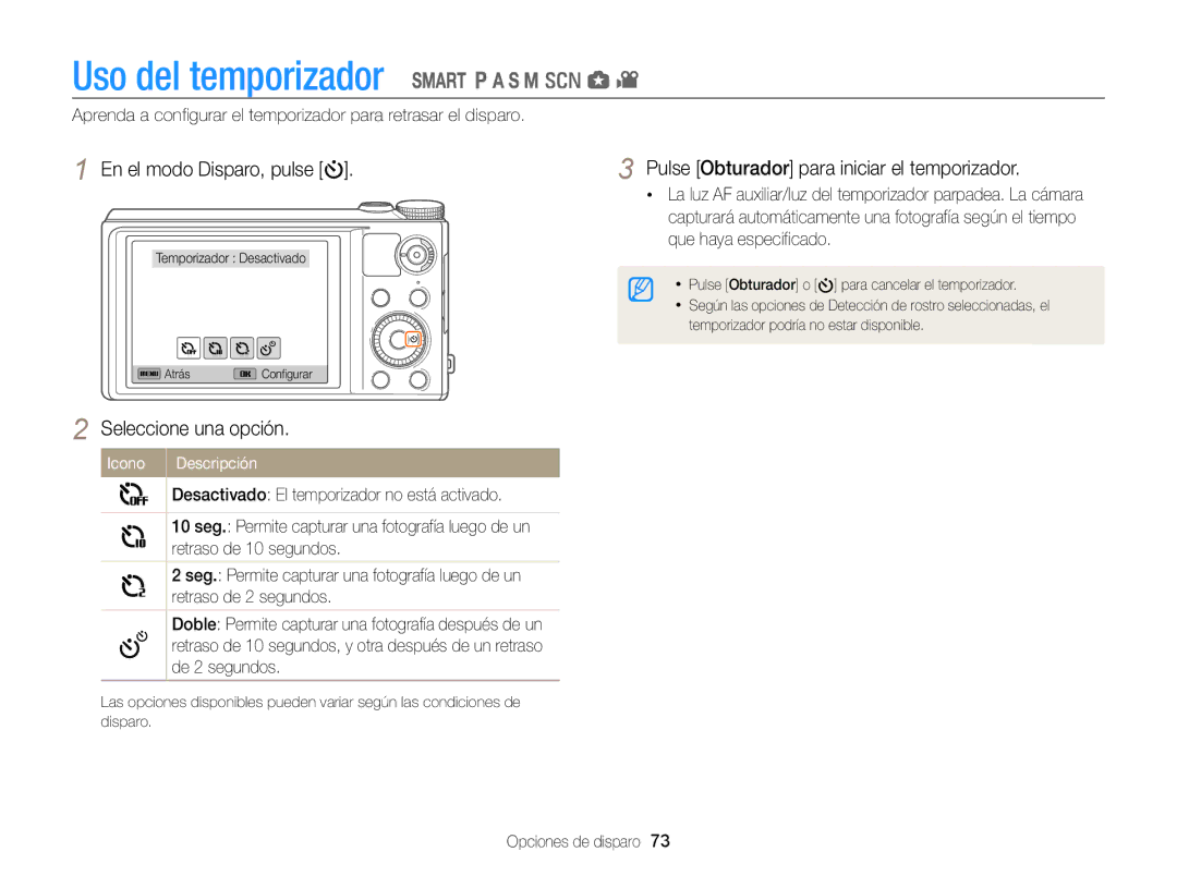 Samsung EC-WB850FBPBIL, EC-WB850FBPBE1, EC-WB850FBPBAE Uso del temporizador, Pulse Obturador para iniciar el temporizador 