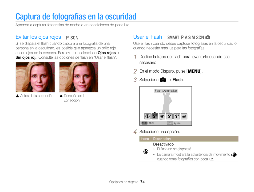 Samsung EC-WB850FBPBTW, EC-WB850FBPBE1 manual Captura de fotografías en la oscuridad, Evitar los ojos rojos, Usar el flash 