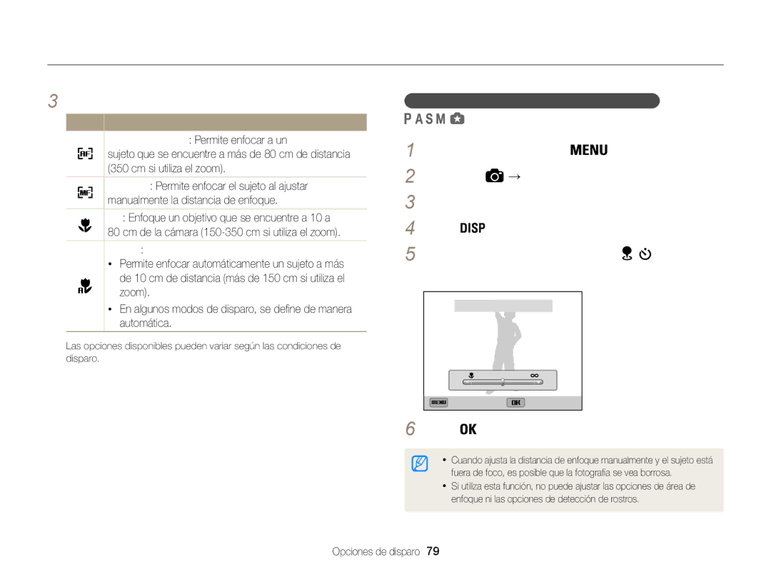 Samsung EC-WB850FBPBE1, EC-WB850FBPBAE Cambio del enfoque de la cámara, La distancia de enfoque, Para guardar sus ajustes 