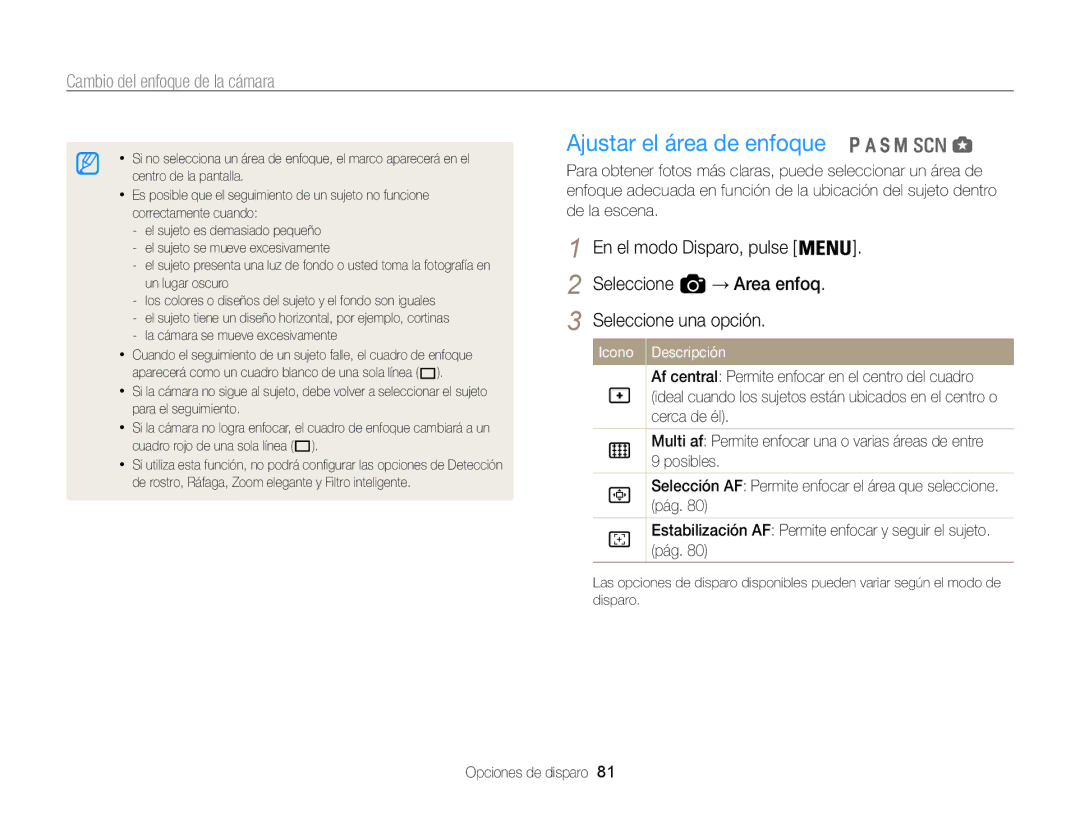 Samsung EC-WB850FBPBIL, EC-WB850FBPBE1, EC-WB850FBPBAE, EC-WB850FBPBTW manual Ajustar el área de enfoque 