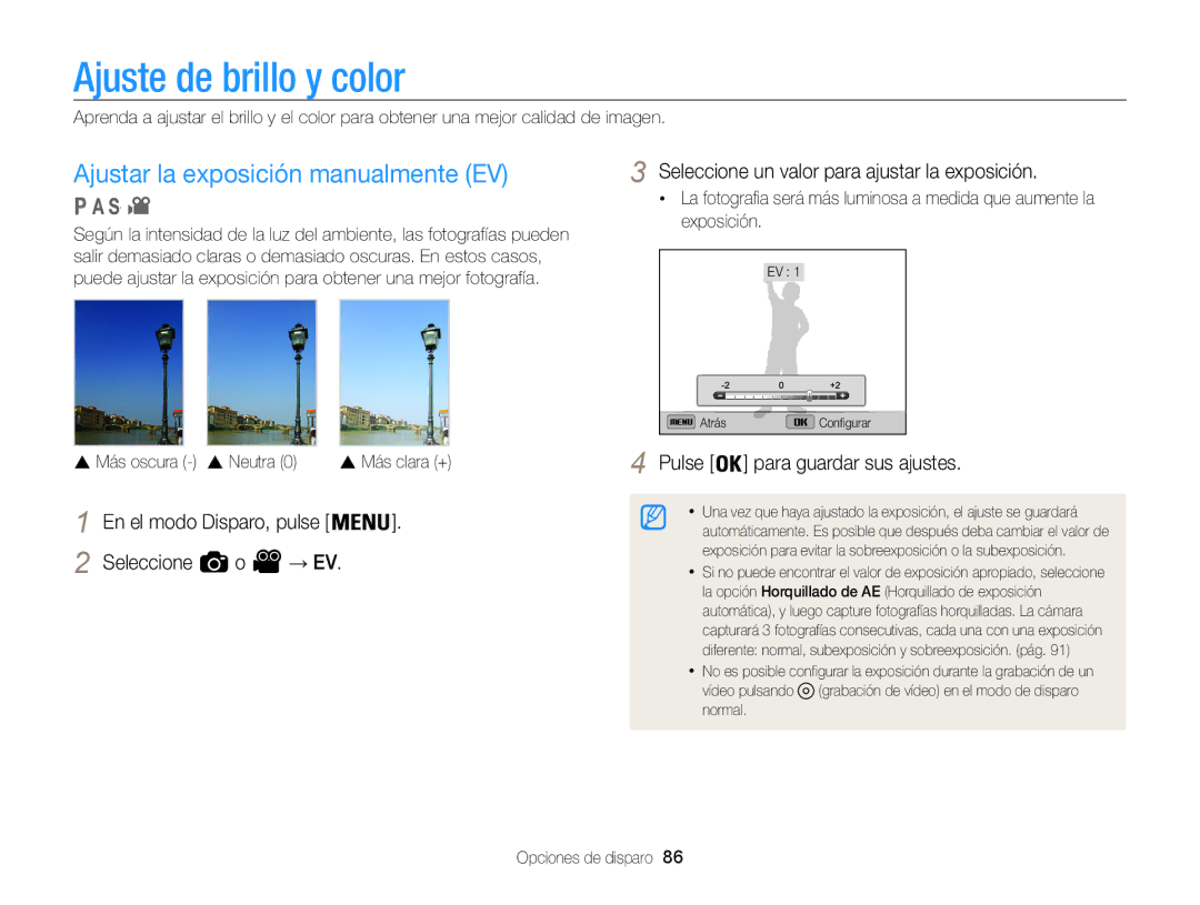 Samsung EC-WB850FBPBTW, EC-WB850FBPBE1, EC-WB850FBPBAE Ajuste de brillo y color, Ajustar la exposición manualmente EV 