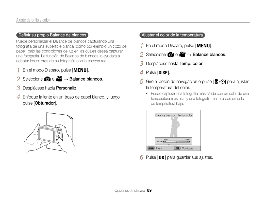 Samsung EC-WB850FBPBIL Desplácese hasta Temp. color Pulse, La temperatura del color, Definir su propio Balance de blancos  