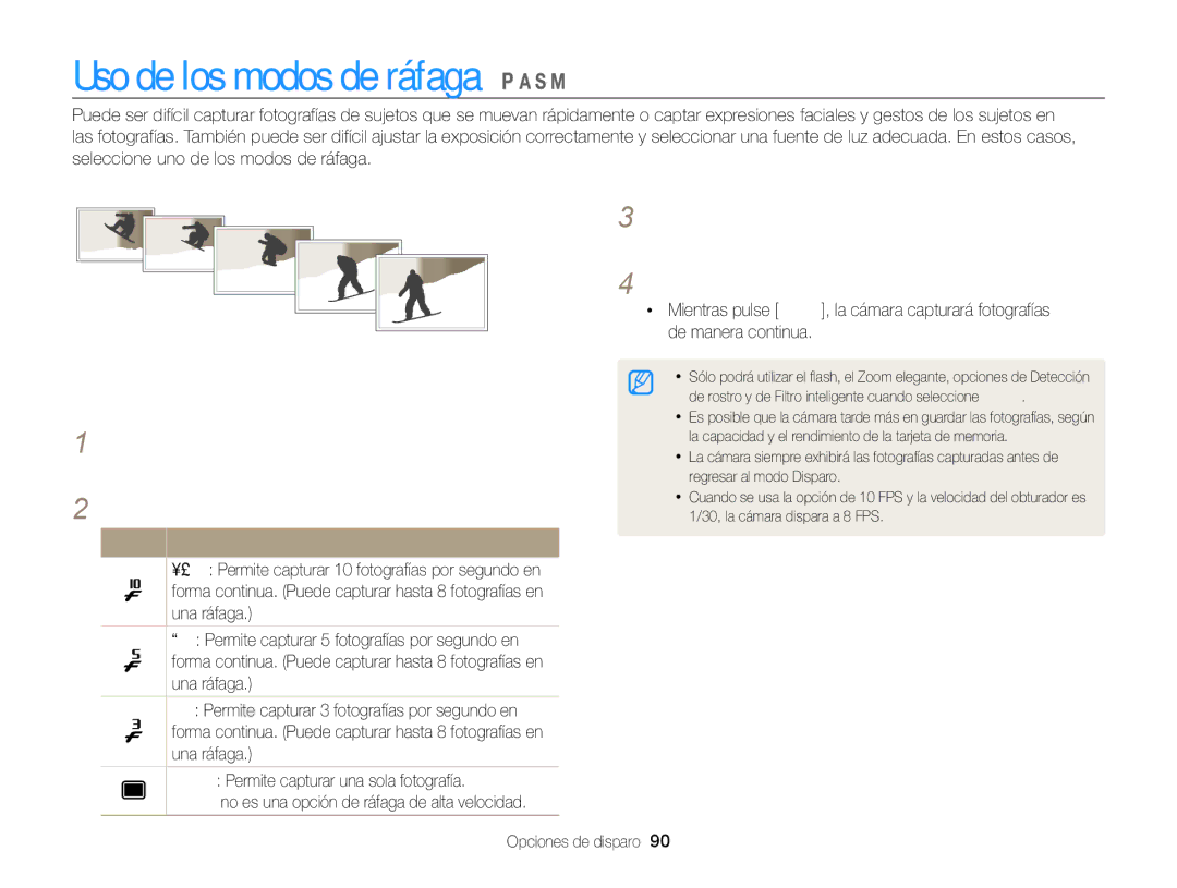 Samsung EC-WB850FBPBTW manual Uso de los modos de ráfaga, Capturar fotografías en el modo de ráfaga en alta velocidad 