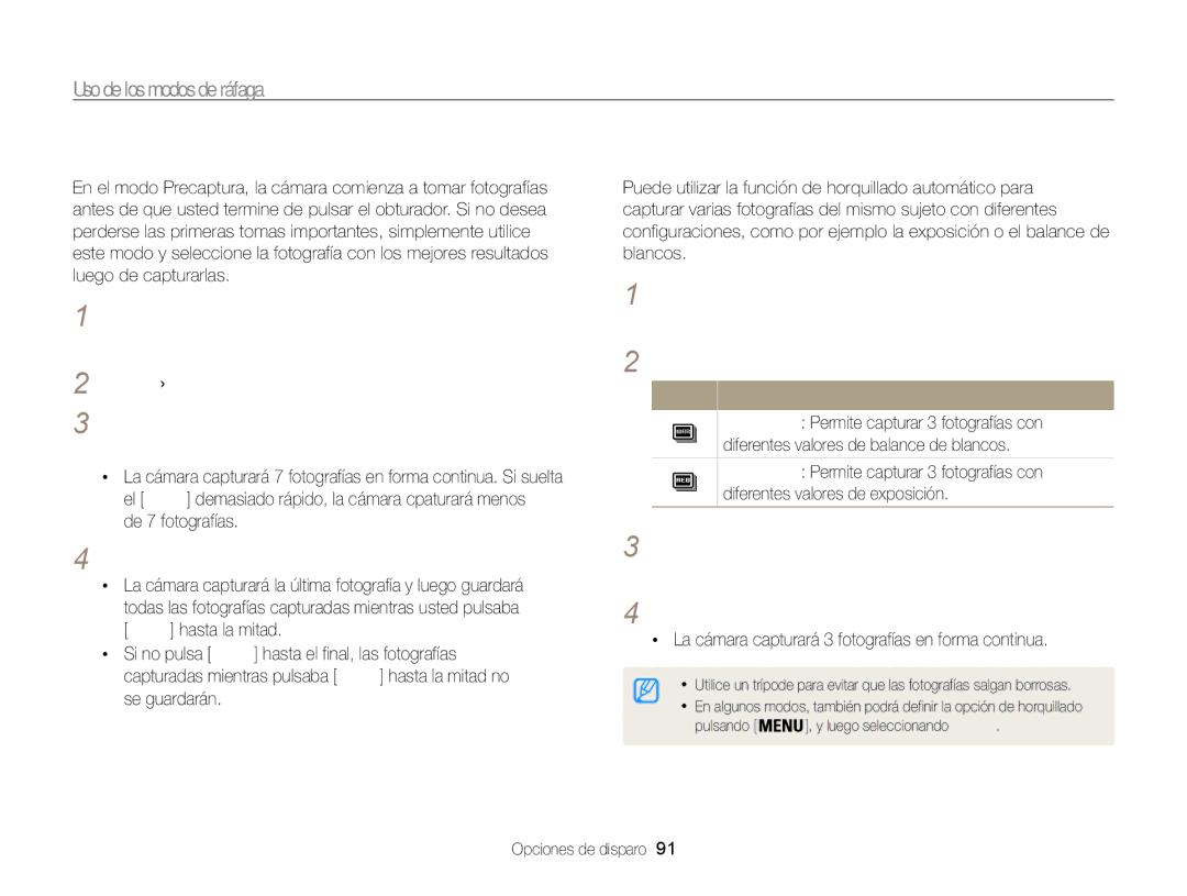 Samsung EC-WB850FBPBE1 Capturar fotografías en el modo Precaptura, Capturar fotografías horquilladas, Pulse Obturador 