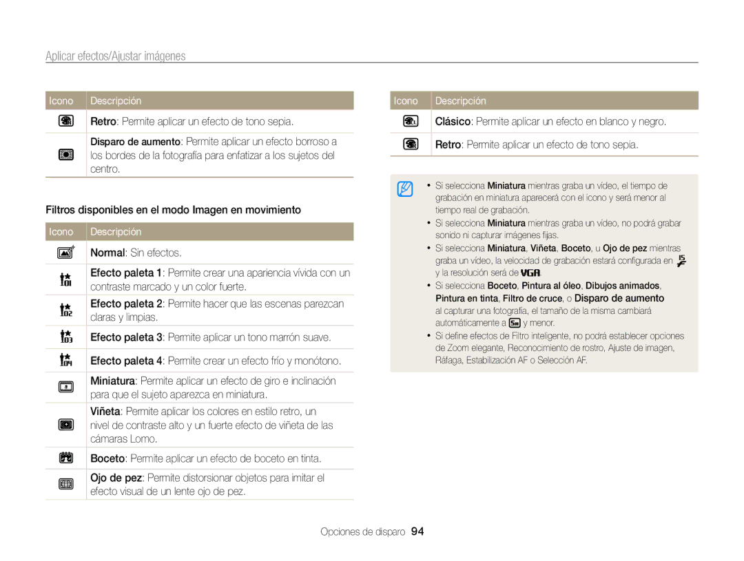 Samsung EC-WB850FBPBTW, EC-WB850FBPBE1, EC-WB850FBPBAE manual Aplicar efectos/Ajustar imágenes, La resolución será de 