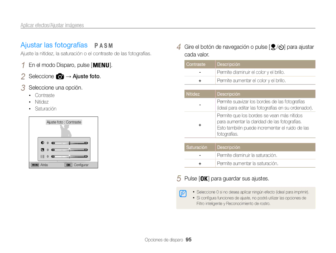 Samsung EC-WB850FBPBE1, EC-WB850FBPBAE manual Ajustar las fotografías, Contraste Nitidez Saturación, Contraste Descripción 