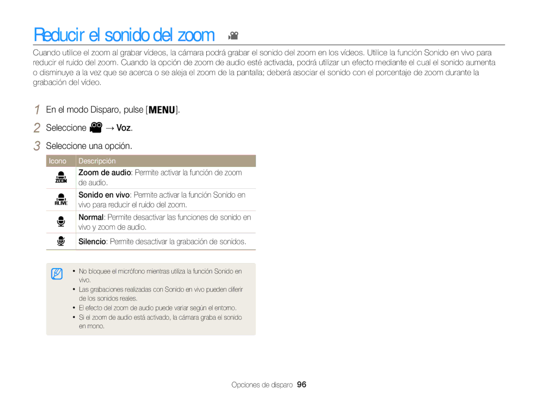 Samsung EC-WB850FBPBAE, EC-WB850FBPBE1, EC-WB850FBPBIL, EC-WB850FBPBTW manual Reducir el sonido del zoom 