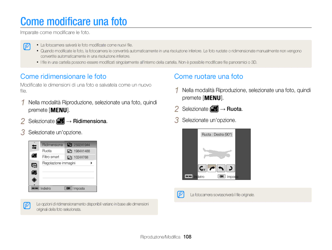 Samsung EC-WB850FDDBME, EC-WB850FBPBE1 manual Come modificare una foto, Come ridimensionare le foto, Come ruotare una foto 