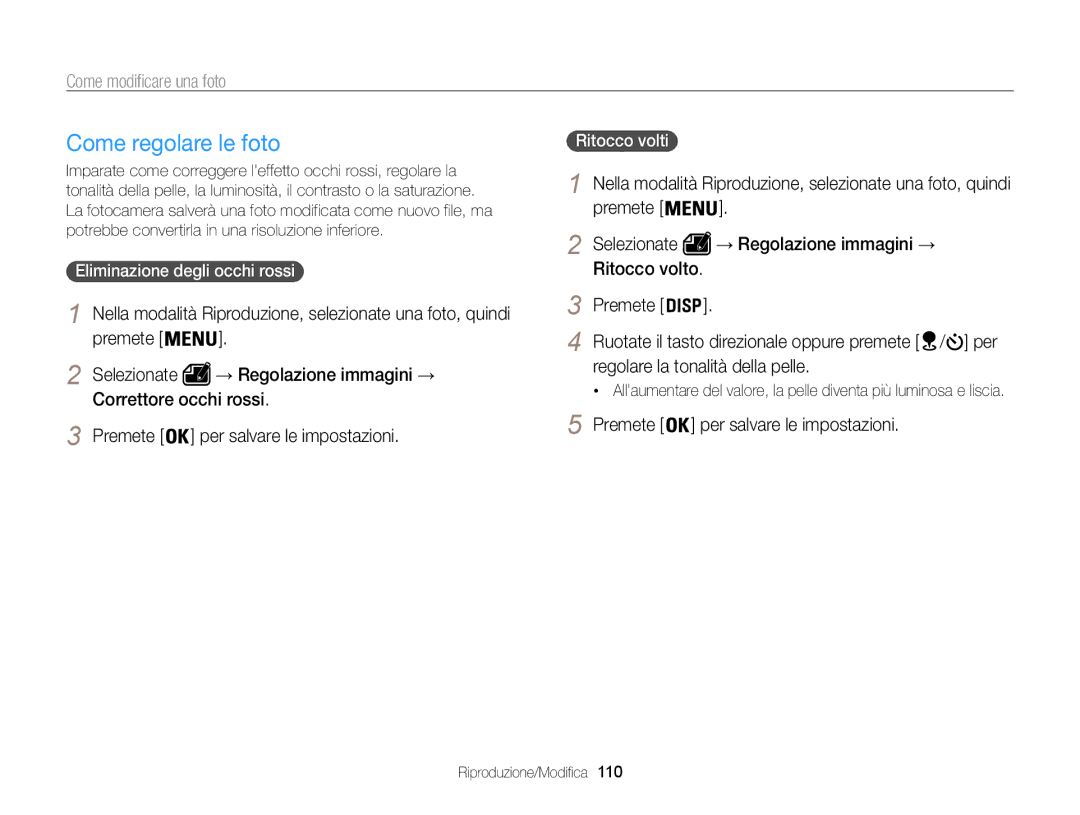 Samsung EC-WB850FDDBME, EC-WB850FBPBE1 Regolare la tonalità della pelle, Eliminazione degli occhi rossi , Ritocco volti  