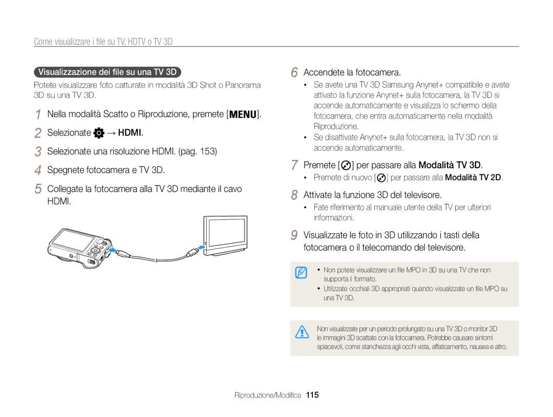 Samsung EC-WB850FBPBE1, EC-WB850FDDBME Premete per passare alla Modalità TV 3D, Attivate la funzione 3D del televisore 