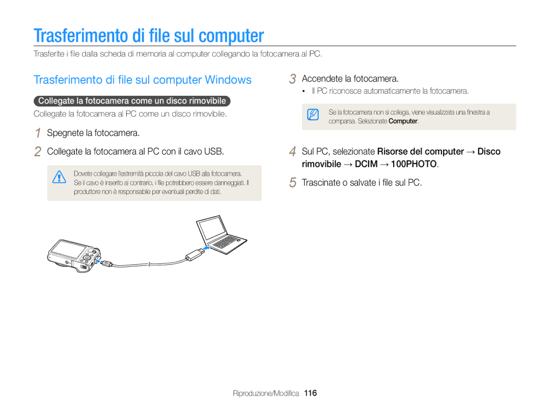 Samsung EC-WB850FDDBME Trasferimento di file sul computer Windows, Collegate la fotocamera come un disco rimovibile 