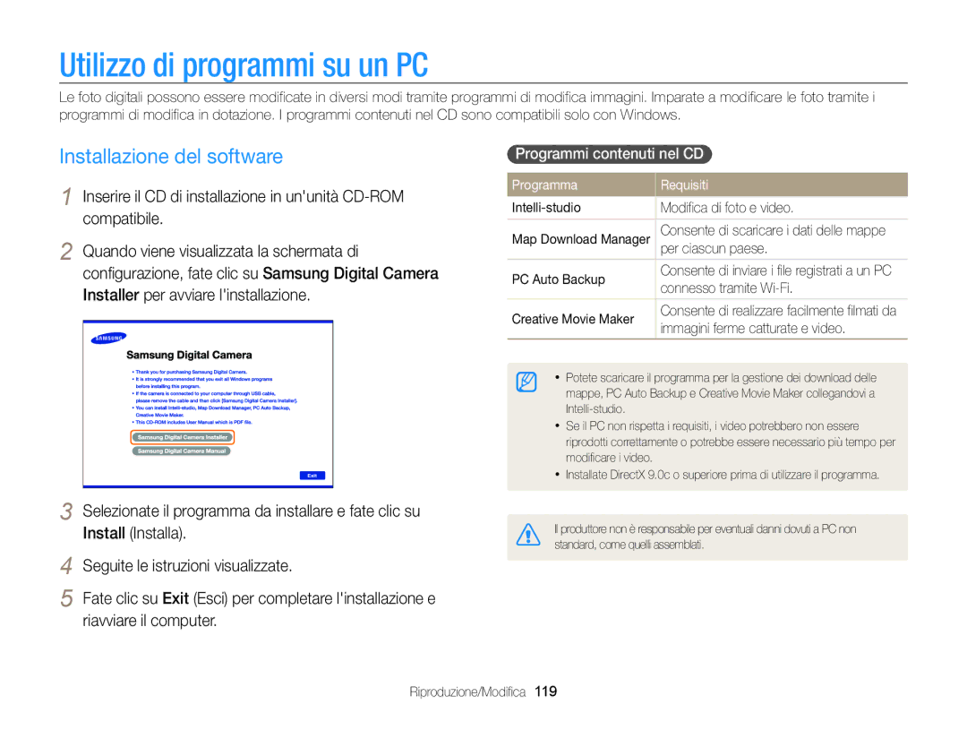 Samsung EC-WB850FBPBE1 manual Utilizzo di programmi su un PC, Installazione del software, Programmi contenuti nel CD  