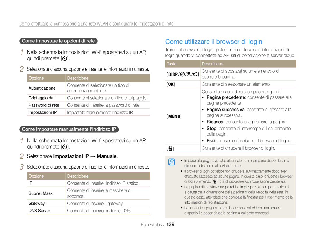 Samsung EC-WB850FBPBE1 manual Come utilizzare il browser di login, Come impostare le opzioni di rete, Tasto Descrizione 