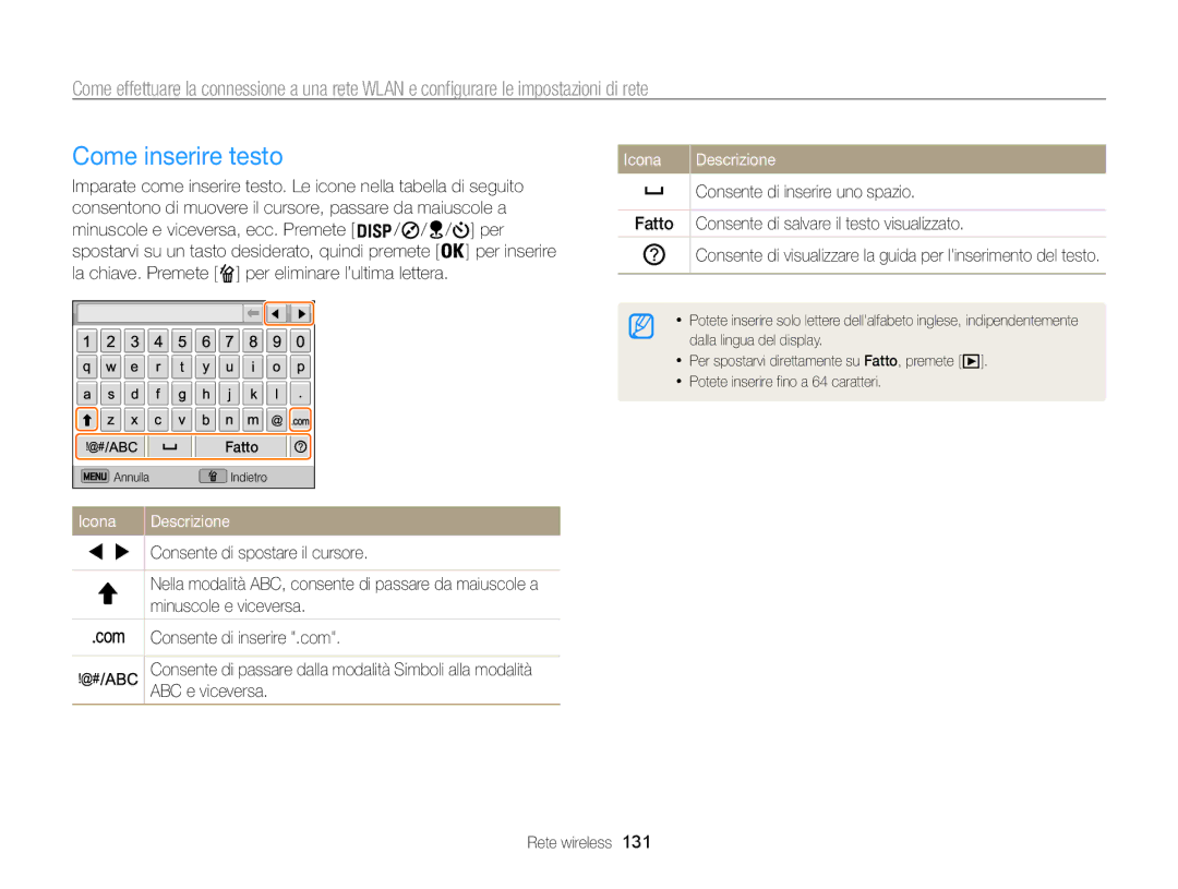 Samsung EC-WB850FBPBE1, EC-WB850FDDBME manual Come inserire testo, Icona Descrizione 