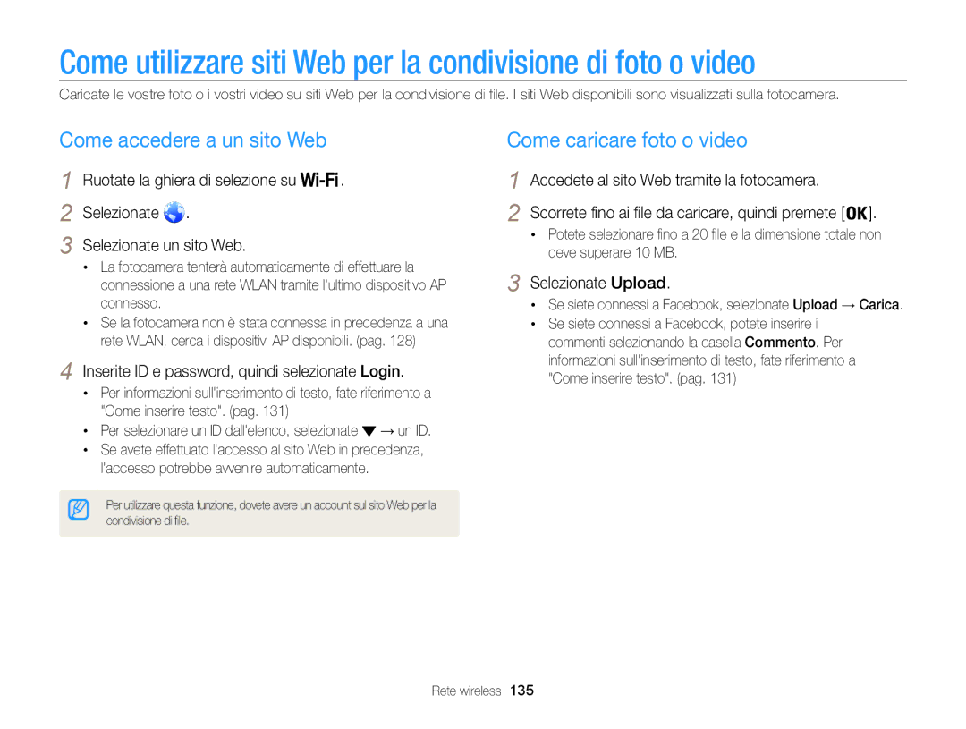 Samsung EC-WB850FBPBE1, EC-WB850FDDBME manual Come accedere a un sito Web, Come caricare foto o video, Selezionate Upload 