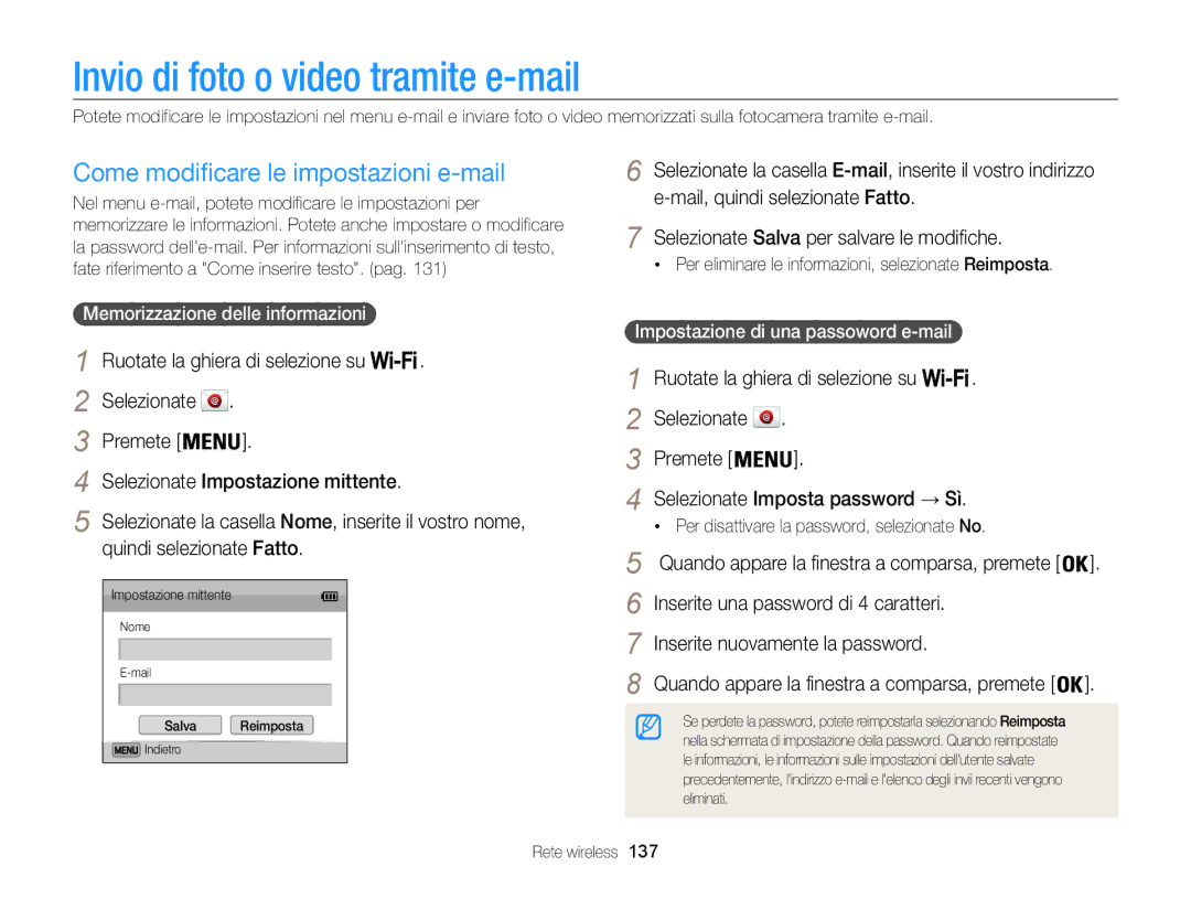 Samsung EC-WB850FBPBE1, EC-WB850FDDBME manual Invio di foto o video tramite e-mail, Come modificare le impostazioni e-mail 