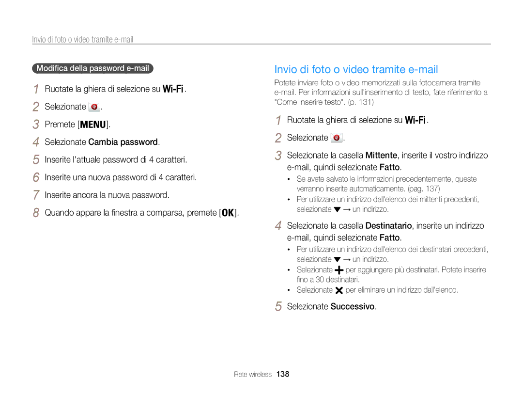 Samsung EC-WB850FDDBME manual Invio di foto o video tramite e-mail, Selezionate Successivo, Modifica della password e-mail 