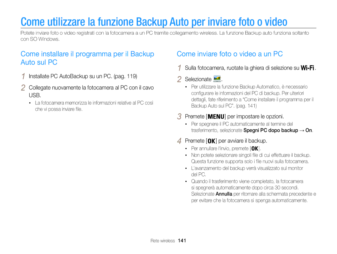 Samsung EC-WB850FBPBE1 manual Come installare il programma per il Backup Auto sul PC, Come inviare foto o video a un PC 