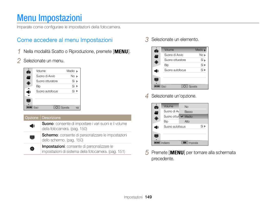 Samsung EC-WB850FBPBE1, EC-WB850FDDBME manual Menu Impostazioni, Come accedere al menu Impostazioni, Selezionate un elemento 