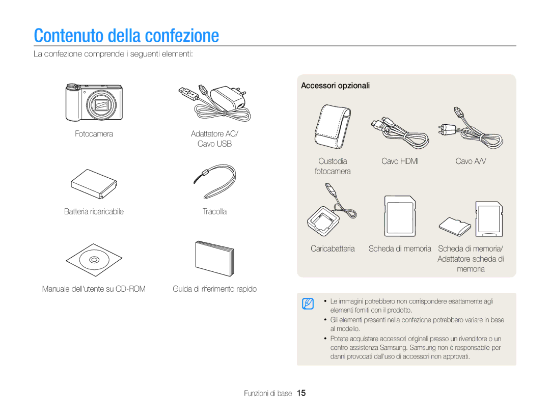 Samsung EC-WB850FBPBE1, EC-WB850FDDBME manual Contenuto della confezione 