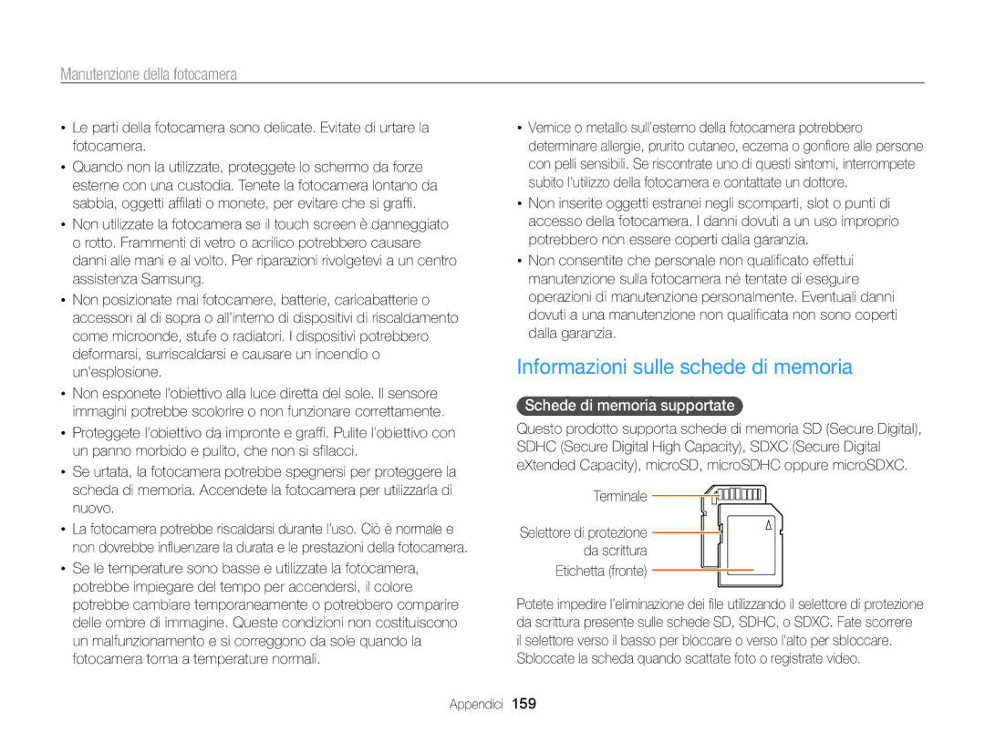 Samsung EC-WB850FBPBE1 Informazioni sulle schede di memoria, Schede di memoria supportate , Terminale, Etichetta fronte 