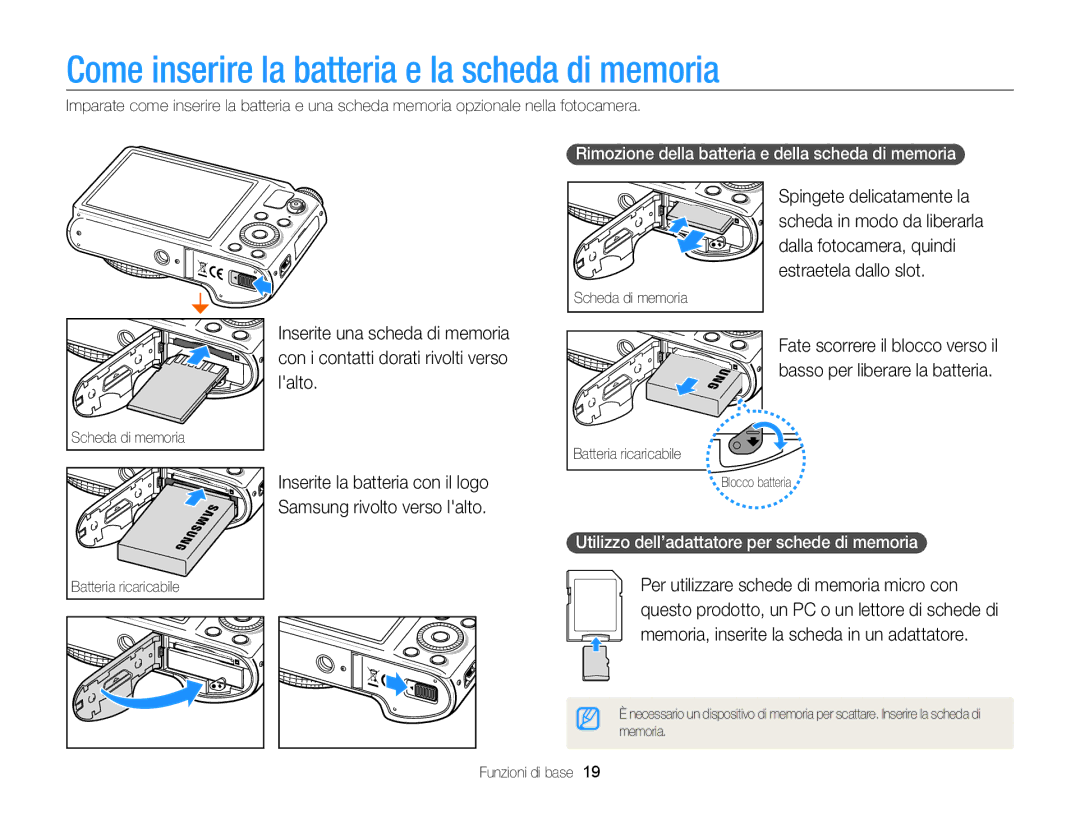 Samsung EC-WB850FBPBE1, EC-WB850FDDBME Come inserire la batteria e la scheda di memoria, Lalto, Spingete delicatamente la 