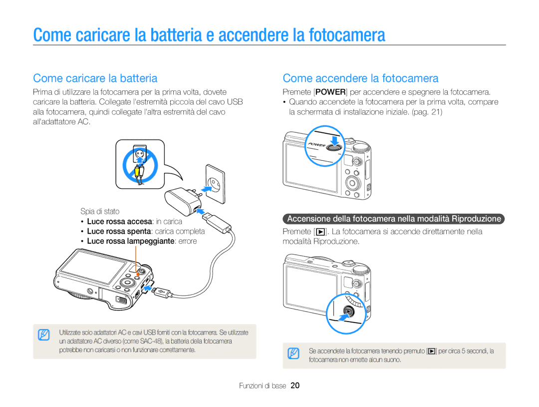 Samsung EC-WB850FDDBME, EC-WB850FBPBE1 Come caricare la batteria e accendere la fotocamera, Come accendere la fotocamera 