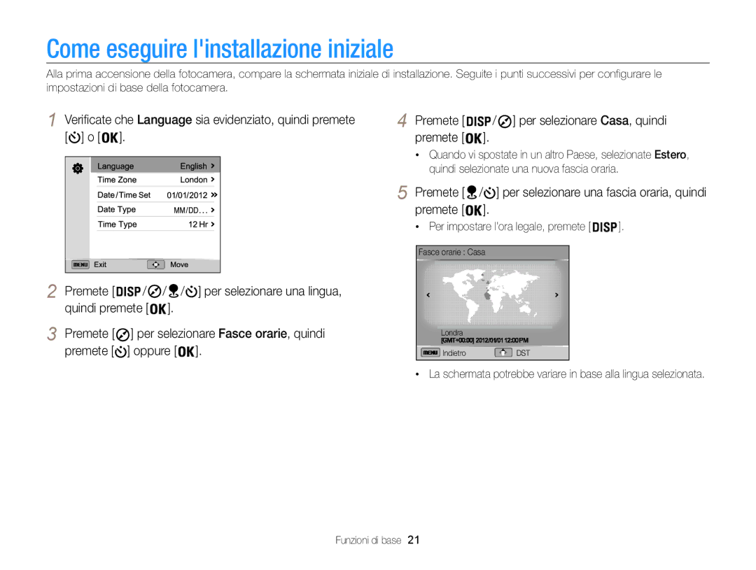 Samsung EC-WB850FBPBE1 Come eseguire linstallazione iniziale, Premete / per selezionare una fascia oraria, quindi premete 