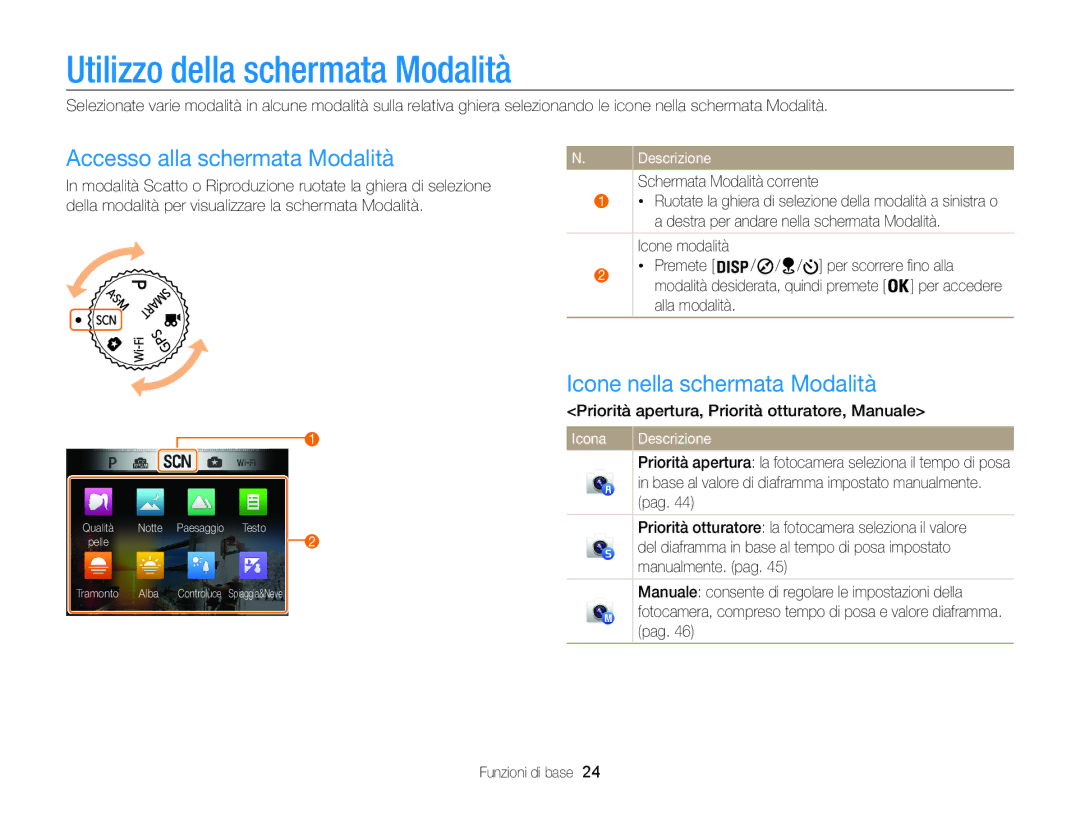 Samsung EC-WB850FDDBME Utilizzo della schermata Modalità, Accesso alla schermata Modalità, Icone nella schermata Modalità 