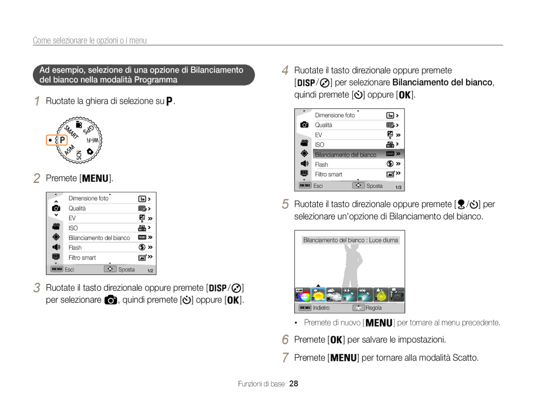 Samsung EC-WB850FDDBME Come selezionare le opzioni o i menu, Ruotate la ghiera di selezione su Premete, Per selezionare 