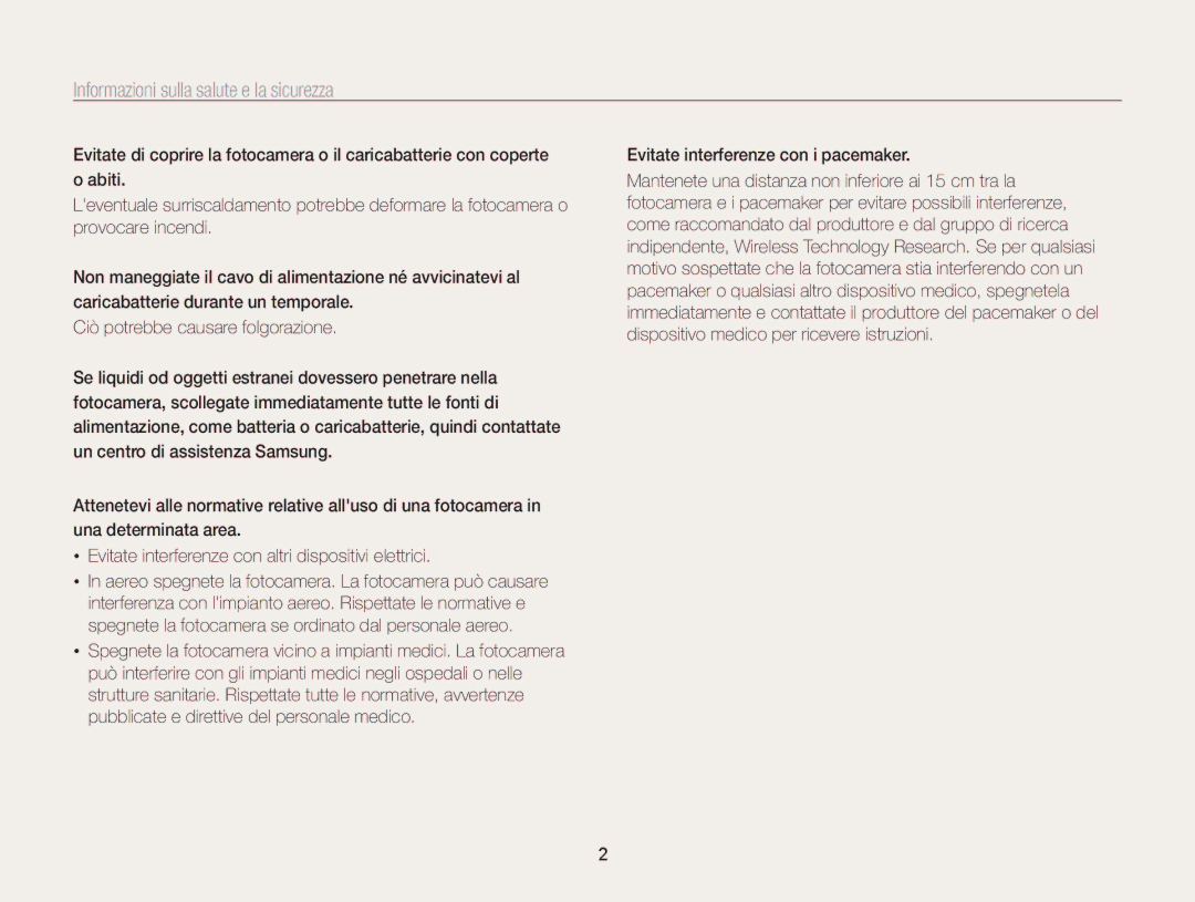 Samsung EC-WB850FDDBME, EC-WB850FBPBE1 manual Informazioni sulla salute e la sicurezza, Evitate interferenze con i pacemaker 