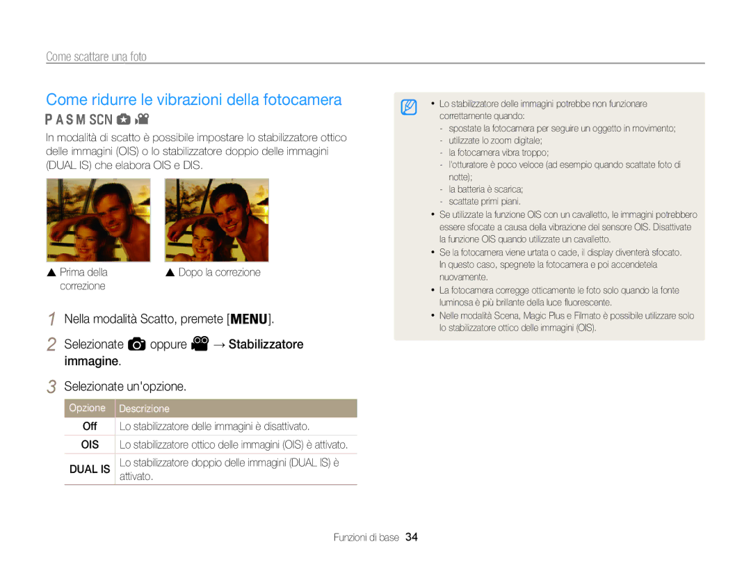 Samsung EC-WB850FDDBME, EC-WB850FBPBE1 manual Come ridurre le vibrazioni della fotocamera, Correzione, Attivato 