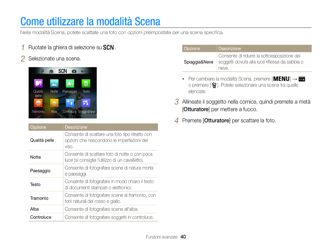 Samsung EC-WB850FDDBME Come utilizzare la modalità Scena, Ruotate la ghiera di selezione su Selezionate una scena, Opzione 