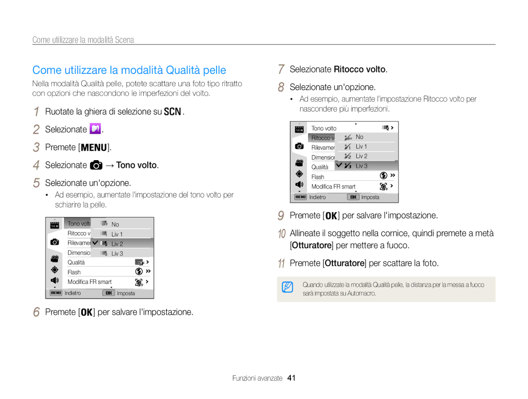 Samsung EC-WB850FBPBE1, EC-WB850FDDBME manual Come utilizzare la modalità Qualità pelle, Come utilizzare la modalità Scena 