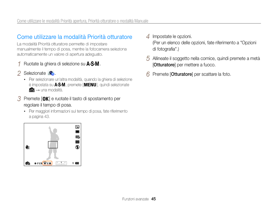 Samsung EC-WB850FBPBE1, EC-WB850FDDBME manual Come utilizzare la modalità Priorità otturatore 