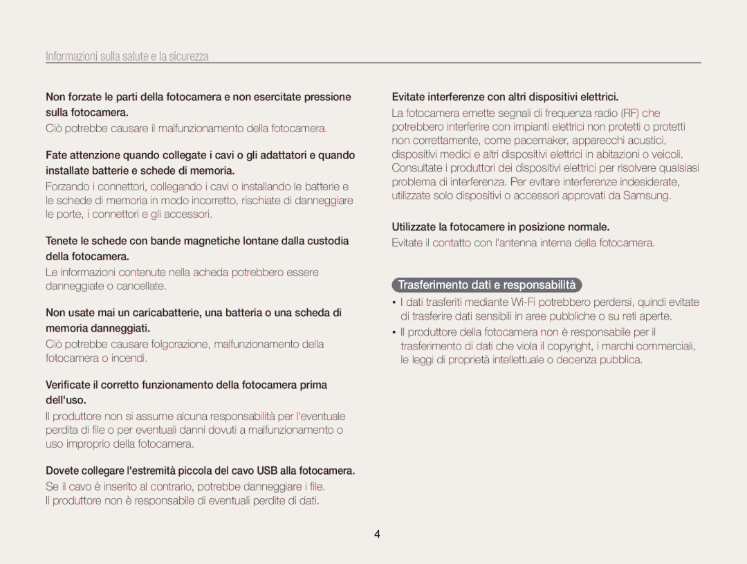 Samsung EC-WB850FDDBME, EC-WB850FBPBE1 manual Trasferimento dati e responsabilità 