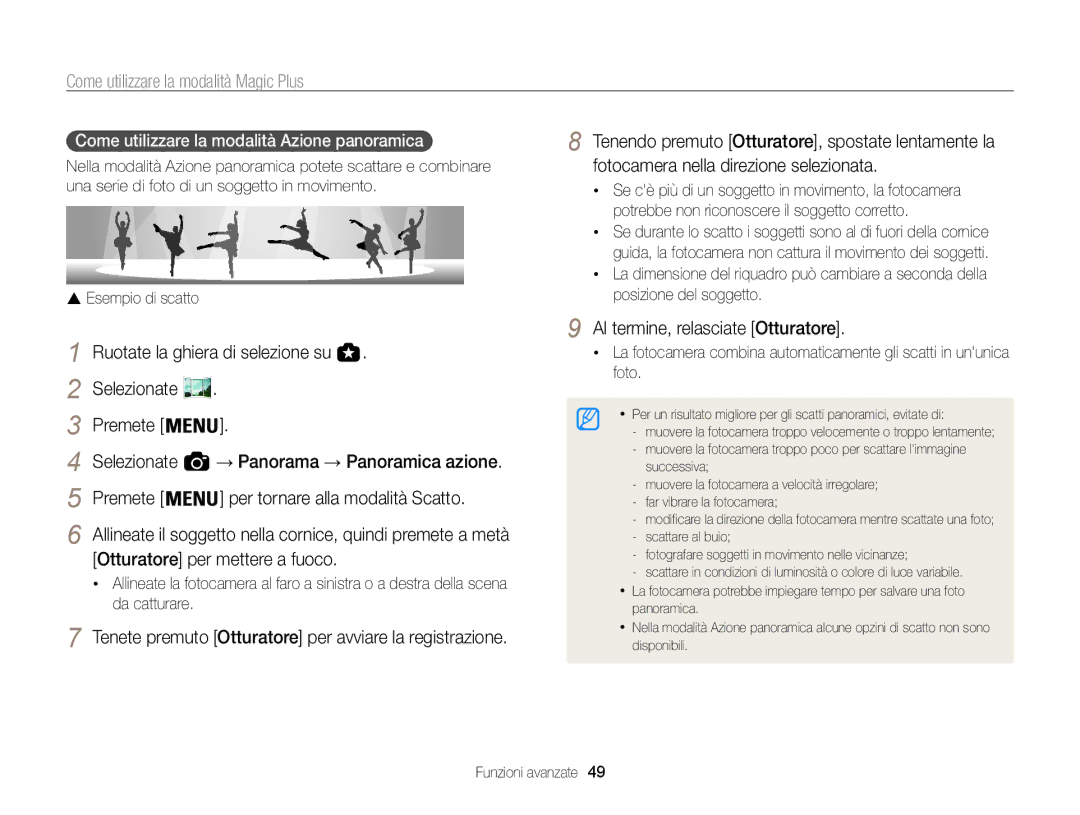 Samsung EC-WB850FBPBE1, EC-WB850FDDBME Come utilizzare la modalità Azione panoramica, Per tornare alla modalità Scatto 