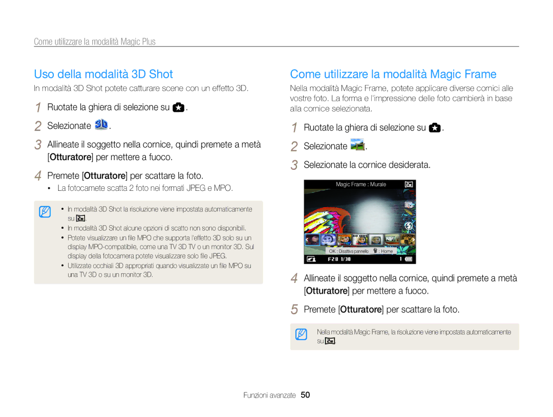 Samsung EC-WB850FDDBME, EC-WB850FBPBE1 manual Uso della modalità 3D Shot, Come utilizzare la modalità Magic Frame 