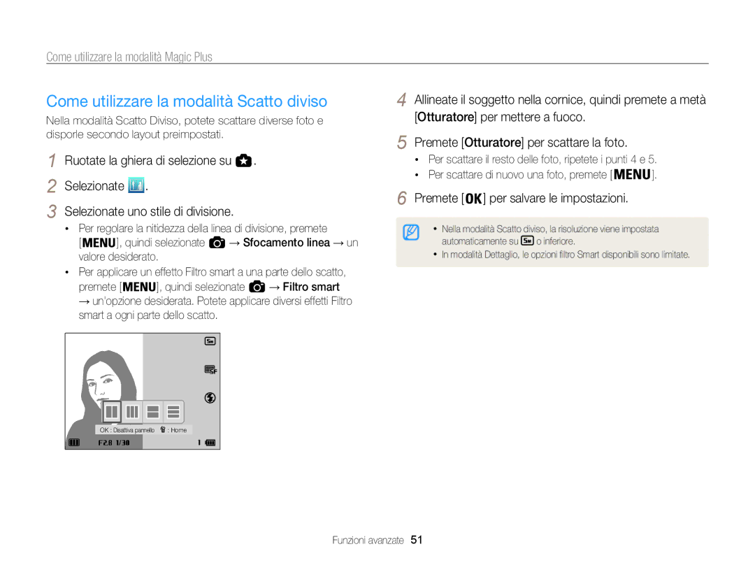 Samsung EC-WB850FBPBE1, EC-WB850FDDBME manual Come utilizzare la modalità Scatto diviso, Premete per salvare le impostazioni 