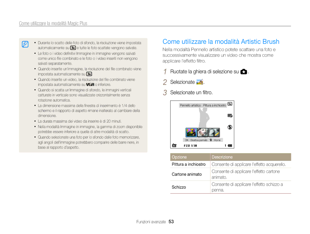 Samsung EC-WB850FBPBE1, EC-WB850FDDBME manual Come utilizzare la modalità Artistic Brush, Selezionate Selezionate un filtro 
