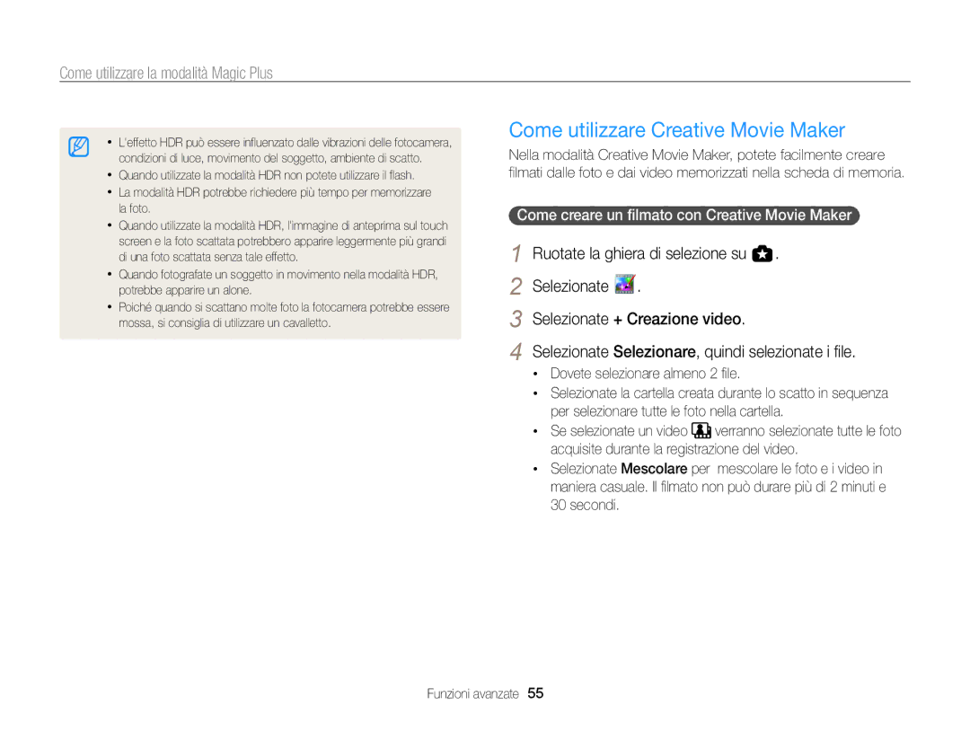 Samsung EC-WB850FBPBE1 manual Come utilizzare Creative Movie Maker, Come creare un filmato con Creative Movie Maker 