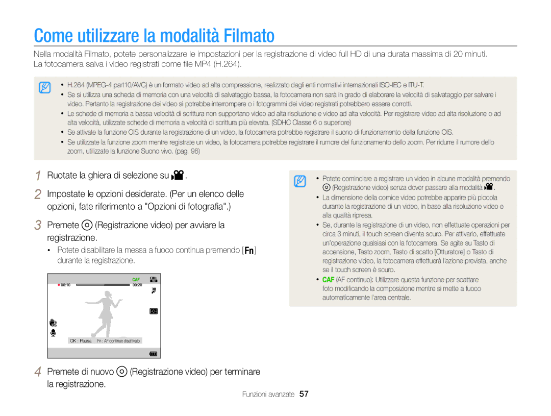 Samsung EC-WB850FBPBE1 manual Come utilizzare la modalità Filmato, Premete Registrazione video per avviare la registrazione 