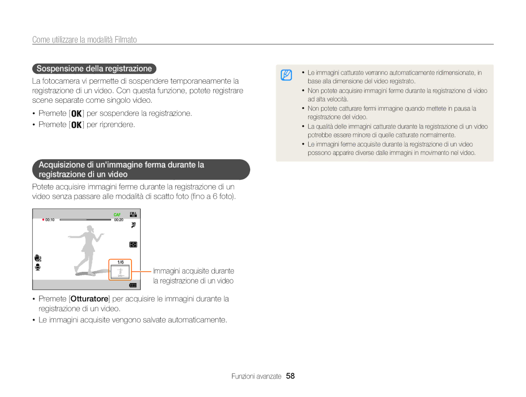 Samsung EC-WB850FDDBME manual Come utilizzare la modalità Filmato, Sospensione della registrazione , Premete Per riprendere 