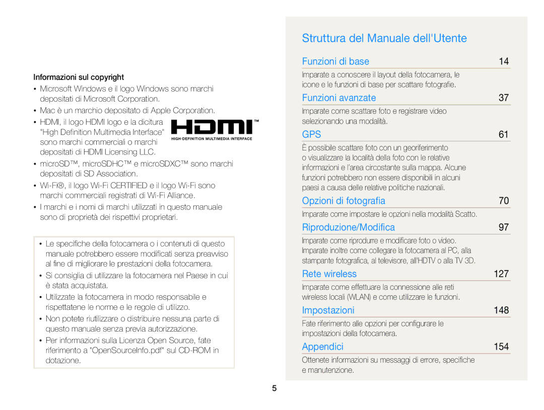 Samsung EC-WB850FBPBE1, EC-WB850FDDBME manual Struttura del Manuale dellUtente, 127, 148, 154 