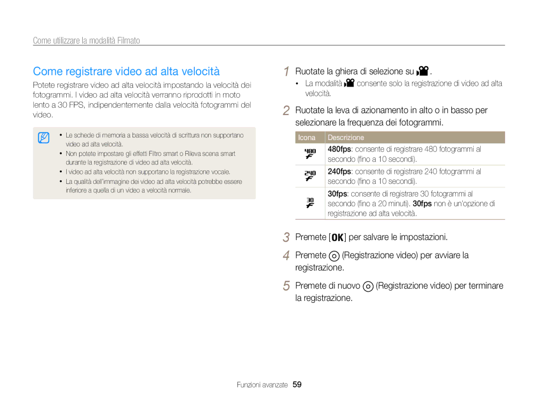 Samsung EC-WB850FBPBE1, EC-WB850FDDBME manual Come registrare video ad alta velocità, Icona Descrizione 