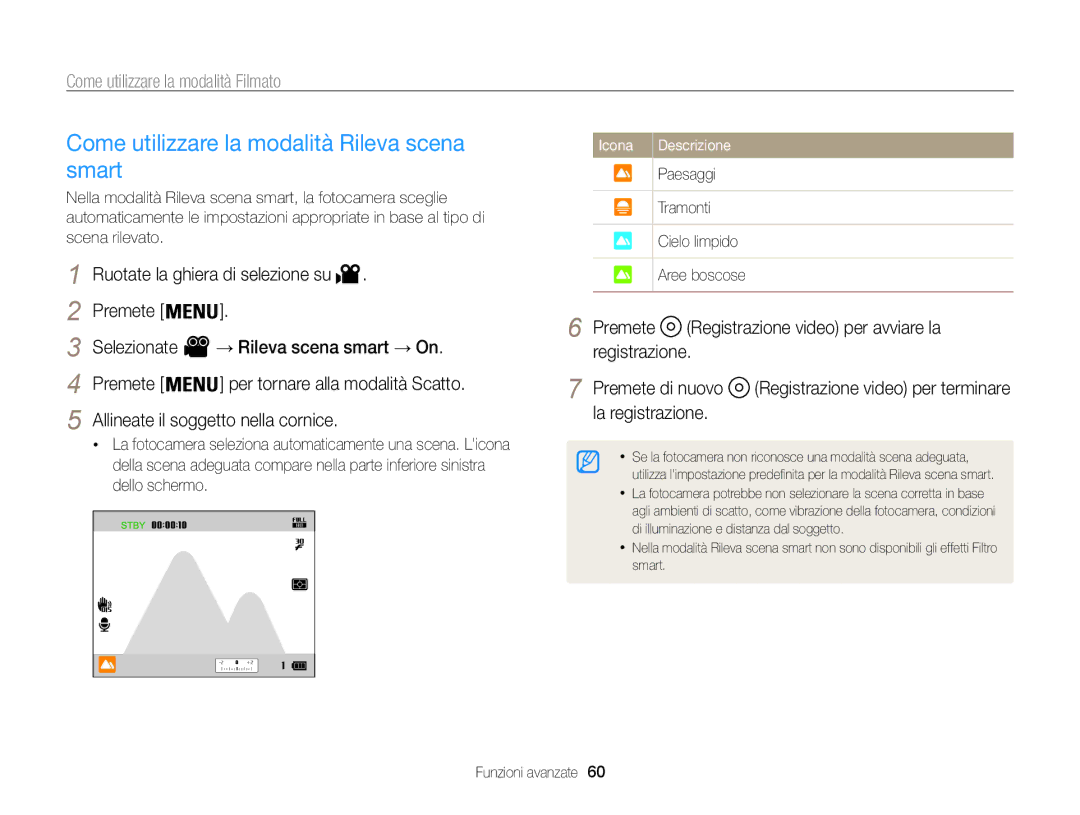 Samsung EC-WB850FDDBME manual Come utilizzare la modalità Rileva scena smart, Paesaggi Tramonti Cielo limpido Aree boscose 